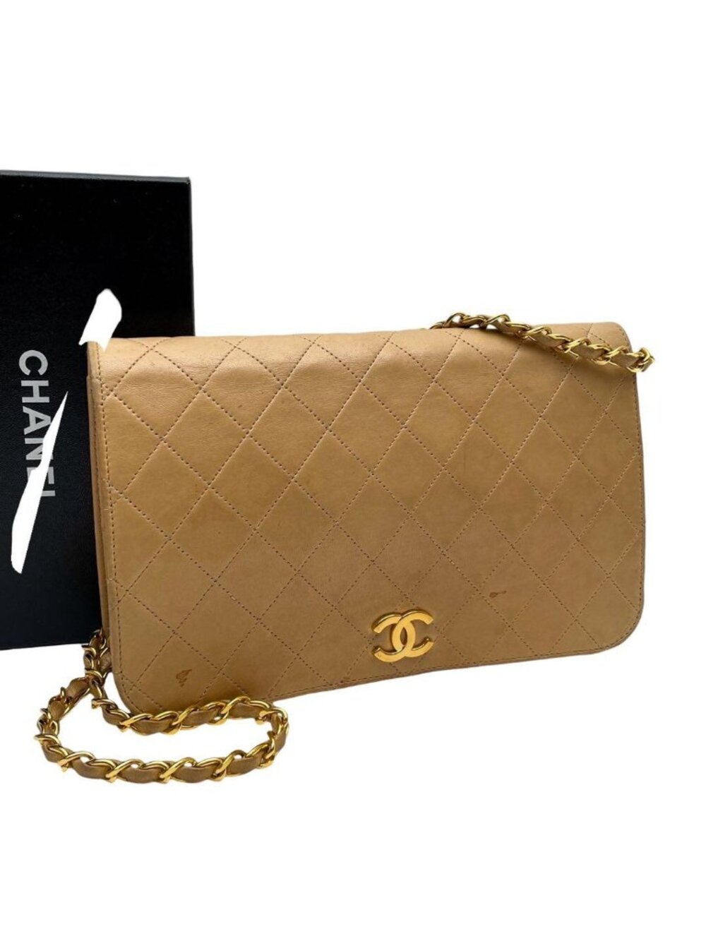 Chanel Quilted Chain Shoulder Bag Lambskin Leather Beige